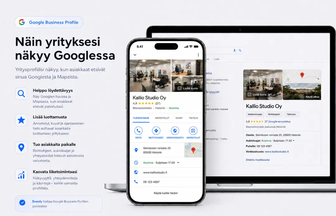 Google Business Profile näyttää yrityksen tiedot, arvostelut, kuvat, aukioloajat ja yhteystiedot Google-haussa ja Mapsissa